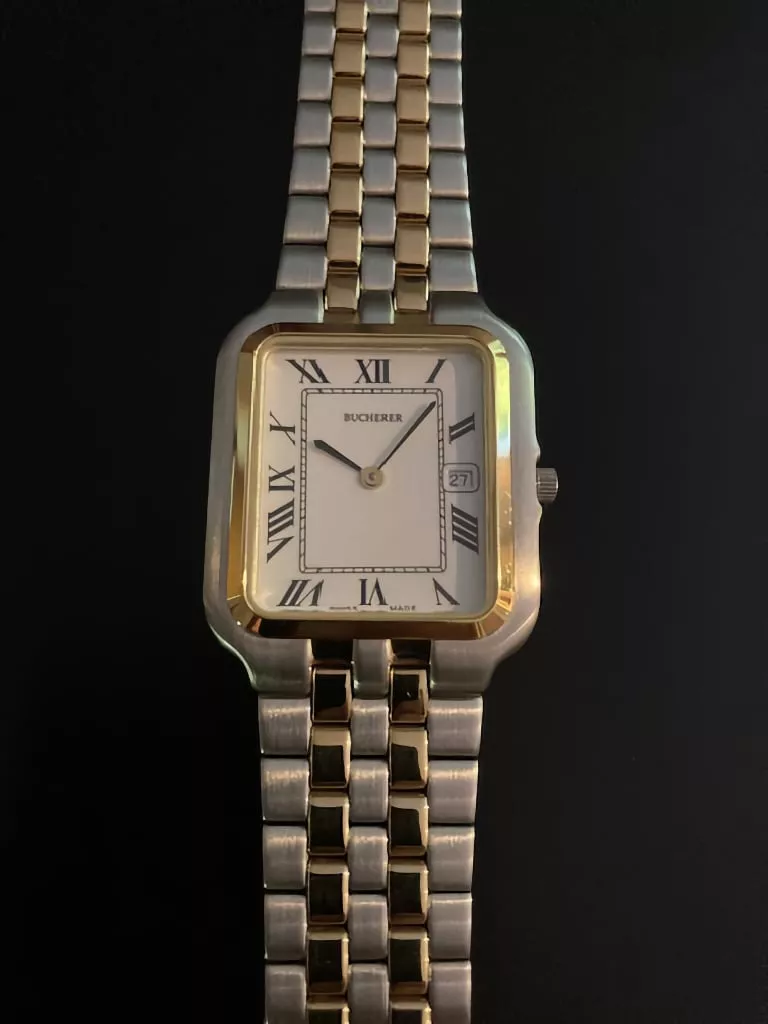 Bucherer Two-Tone Rectangular Tank-Style Unisex Watch – Stainless Steel & Gold, Quartz, Box, Mint Condition